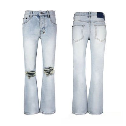 Men's Light Blue Slim Jeans - Vintage Washed Denim with Knee Rip & Repair Detail