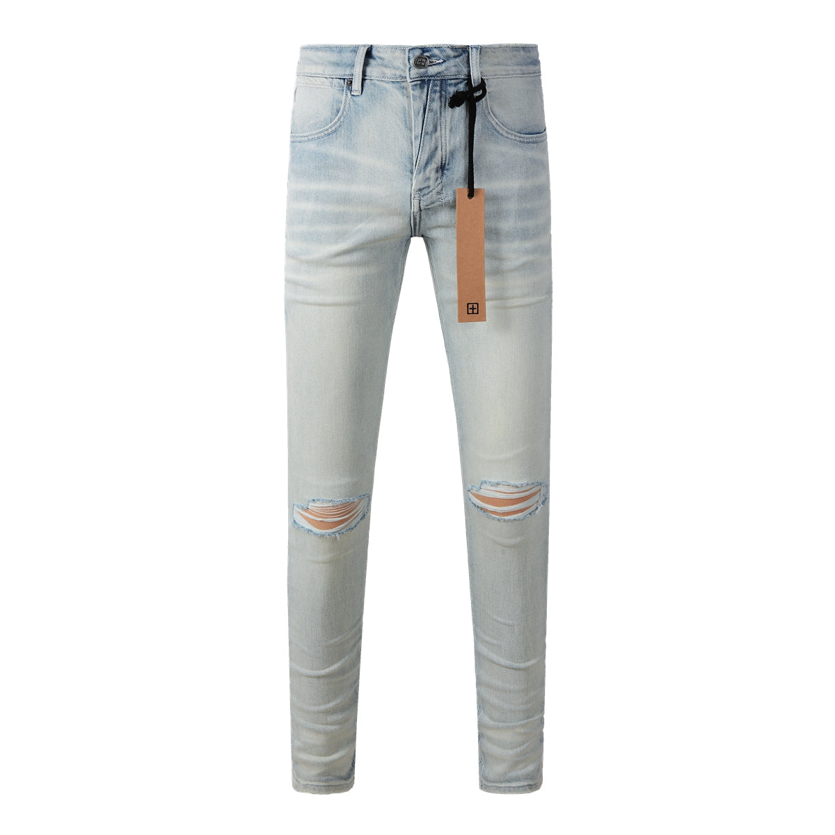 Jean skinny bleu clair décontracté avec détails vieillis au genou 3025 