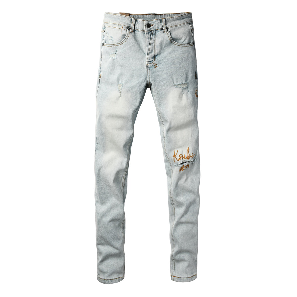 Fashion Men Ripped Denim Jeans Light Blue Slim Straight Fit Embroidery Detail Washed Vintage Casual Jeans Pants 3061