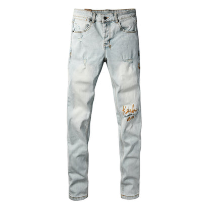 Fashion Men Ripped Denim Jeans Light Blue Slim Straight Fit Embroidery Detail Washed Vintage Casual Jeans Pants 3061