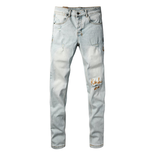 Fashion Men Ripped Denim Jeans Light Blue Slim Straight Fit Embroidery Detail Washed Vintage Casual Jeans Pants 3061