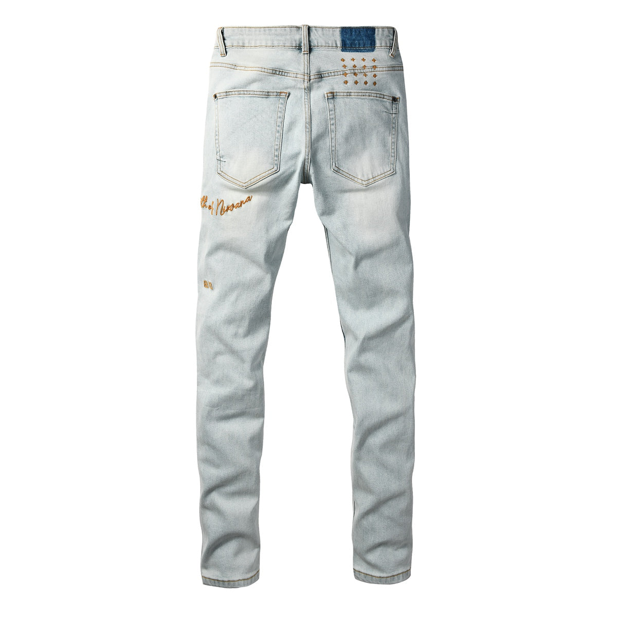 Fashion Men Ripped Denim Jeans Light Blue Slim Straight Fit Embroidery Detail Washed Vintage Casual Jeans Pants 3061