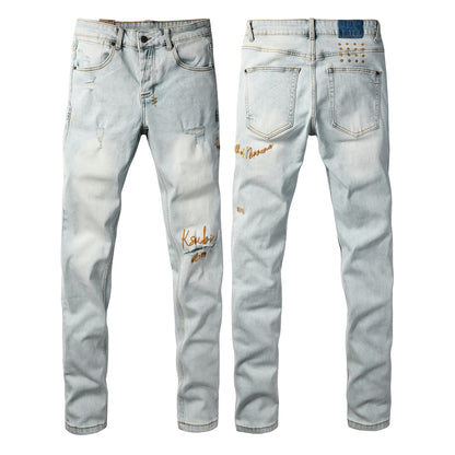 Fashion Men Ripped Denim Jeans Light Blue Slim Straight Fit Embroidery Detail Washed Vintage Casual Jeans Pants 3061