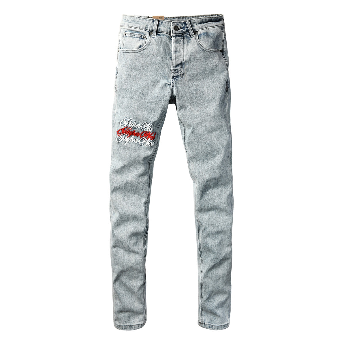 Men's Light Wash Embroidered Rose Jeans Slim Fit Denim Pants Letter Graphic Streetwear Casual Fashion Trousers 3062