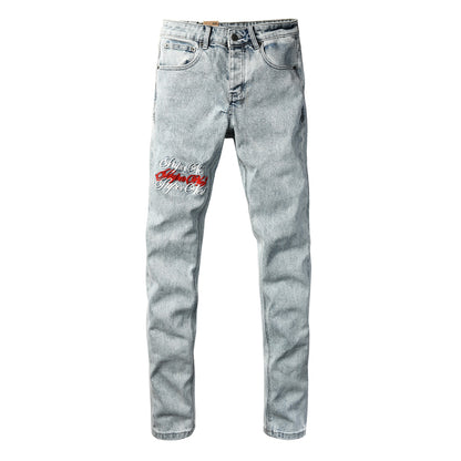 Men's Light Wash Embroidered Rose Jeans Slim Fit Denim Pants Letter Graphic Streetwear Casual Fashion Trousers 3062