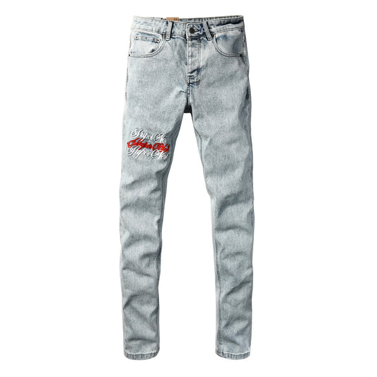 Men's Light Wash Embroidered Rose Jeans Slim Fit Denim Pants Letter Graphic Streetwear Casual Fashion Trousers 3062