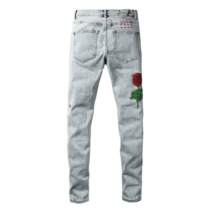 Men's Light Wash Embroidered Rose Jeans Slim Fit Denim Pants Letter Graphic Streetwear Casual Fashion Trousers 3062