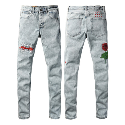 Men's Light Wash Embroidered Rose Jeans Slim Fit Denim Pants Letter Graphic Streetwear Casual Fashion Trousers 3062