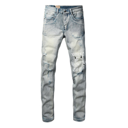 Light Blue Acid Wash Distressed Graffiti Print Slim Fit Jeans 3063