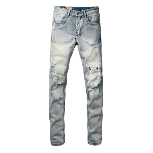 Light Blue Acid Wash Distressed Graffiti Print Slim Fit Jeans 3063
