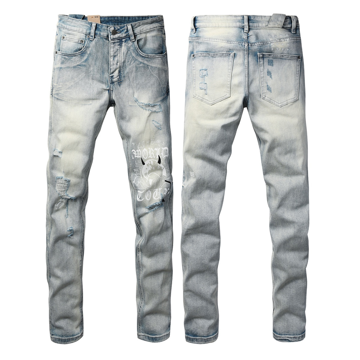 Light Blue Acid Wash Distressed Graffiti Print Slim Fit Jeans 3063