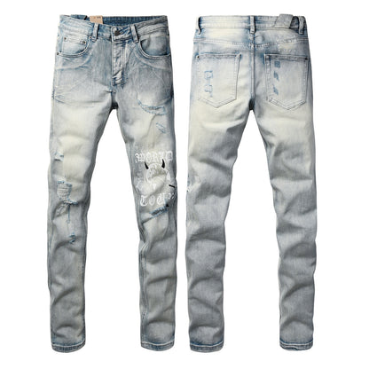 Light Blue Acid Wash Distressed Graffiti Print Slim Fit Jeans 3063