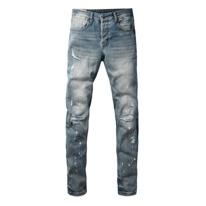 Blue Vintage Wash Cross Stitch Detail Slim Fit Denim Jeans 3064
