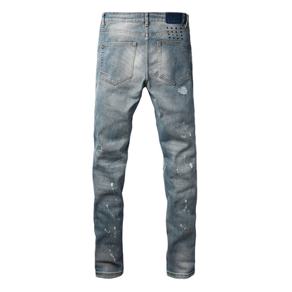 Blue Vintage Wash Cross Stitch Detail Slim Fit Denim Jeans 3064
