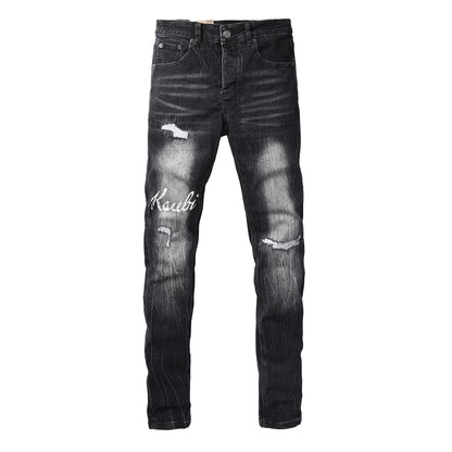 Men's Black Distressed Skinny Jeans Vintage Washed Denim Pants Ripped Slim Fit Streetwear Casual Fashion Trousers 3065