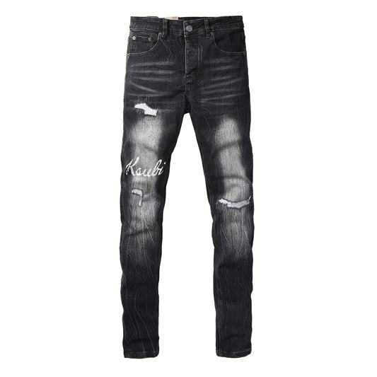 Men's Black Distressed Skinny Jeans Vintage Washed Denim Pants Ripped Slim Fit Streetwear Casual Fashion Trousers 3065
