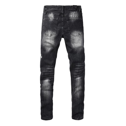 Men's Black Distressed Skinny Jeans Vintage Washed Denim Pants Ripped Slim Fit Streetwear Casual Fashion Trousers 3065