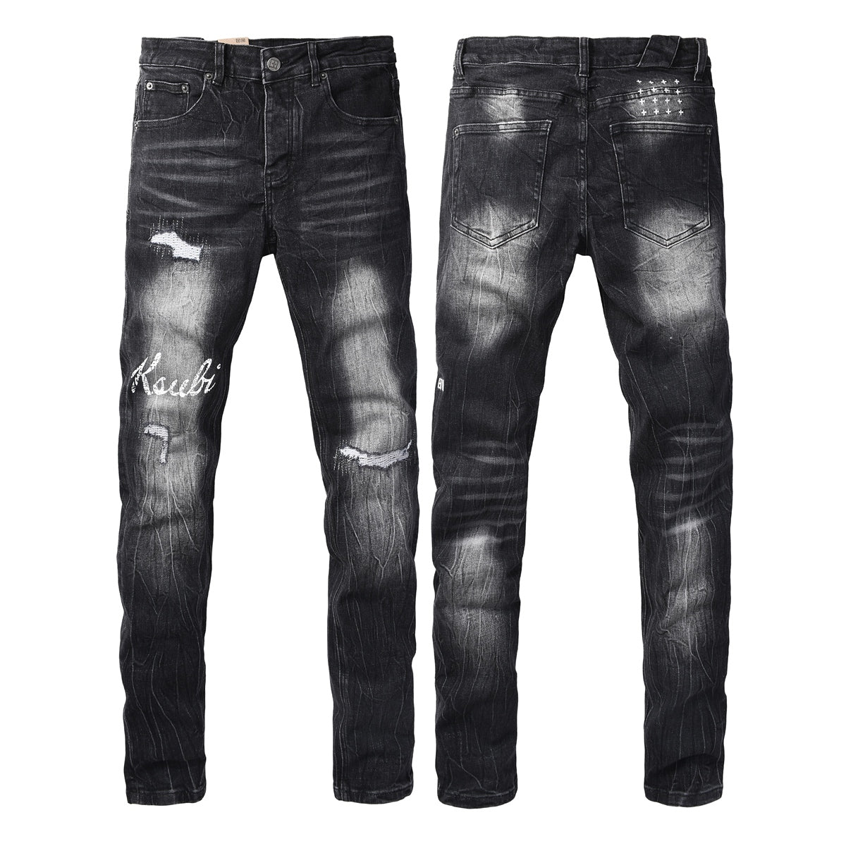 Men's Black Distressed Skinny Jeans Vintage Washed Denim Pants Ripped Slim Fit Streetwear Casual Fashion Trousers 3065