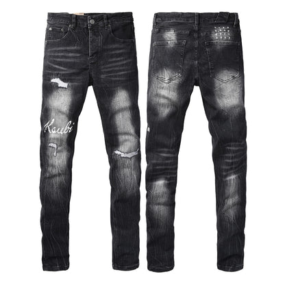 Men's Black Distressed Skinny Jeans Vintage Washed Denim Pants Ripped Slim Fit Streetwear Casual Fashion Trousers 3065