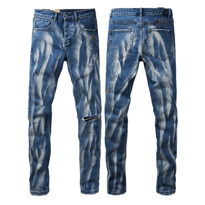 Men's Vintage Wash Denim Jeans Slim Straight Fit Distressed Designer Streetwear Blue Jean Pants 3066