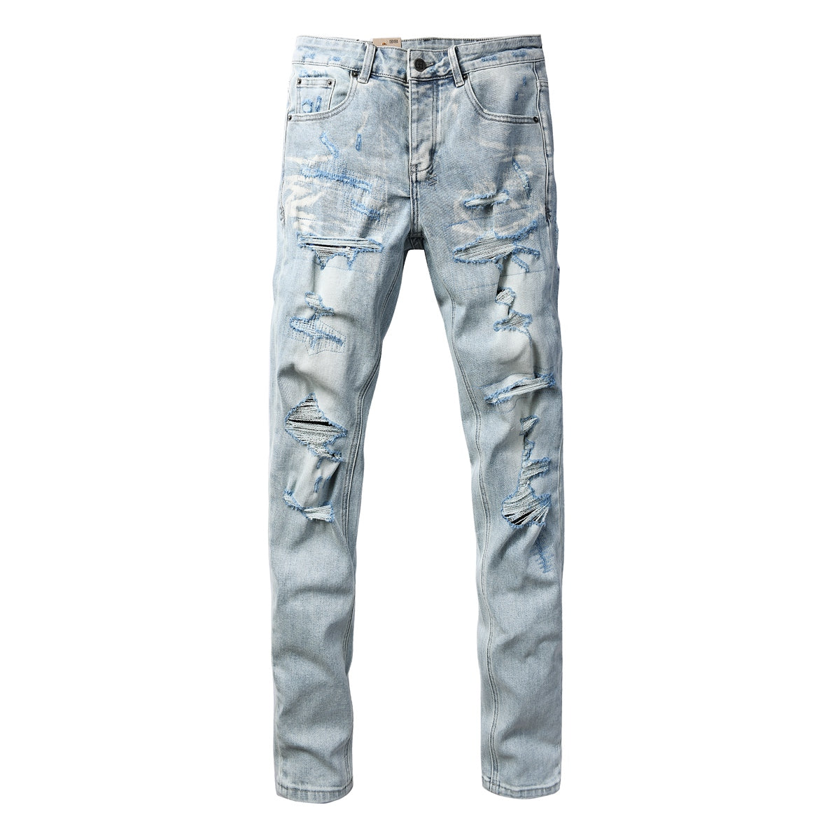 Vintage Light Blue Ripped Jeans for Men Slim Straight Fit Distressed Denim Trousers 3067