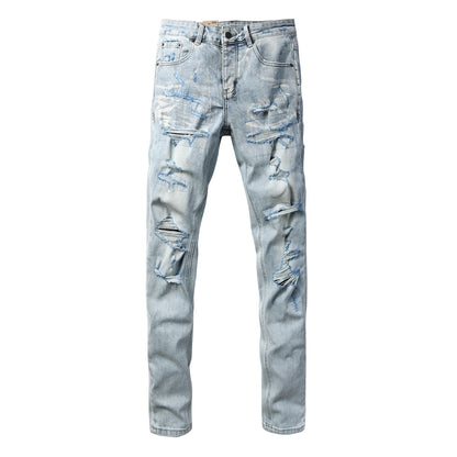 Vintage Light Blue Ripped Jeans for Men Slim Straight Fit Distressed Denim Trousers 3067