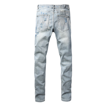 Vintage Light Blue Ripped Jeans for Men Slim Straight Fit Distressed Denim Trousers 3067