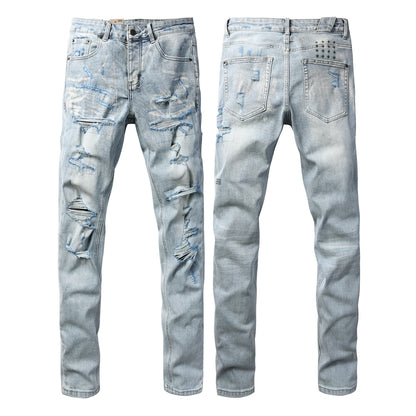 Vintage Light Blue Ripped Jeans for Men Slim Straight Fit Distressed Denim Trousers 3067