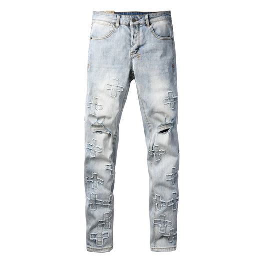 Men's Light Wash Distressed Jeans Cross Patch Denim Pants Slim Fit Streetwear Fashion 3069