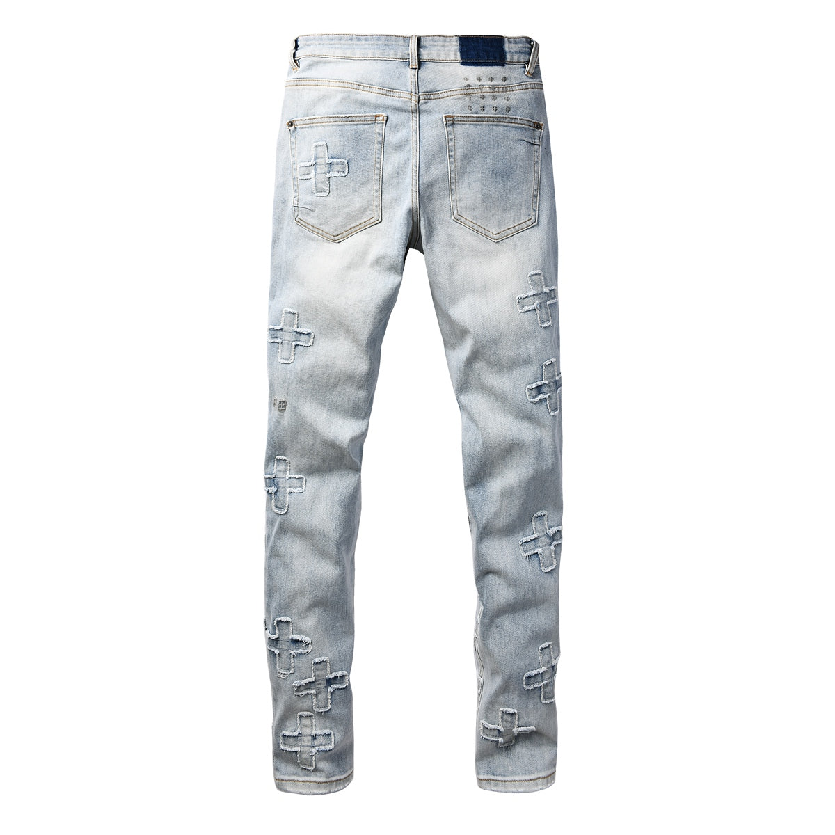 Men's Light Wash Distressed Jeans Cross Patch Denim Pants Slim Fit Streetwear Fashion 3069