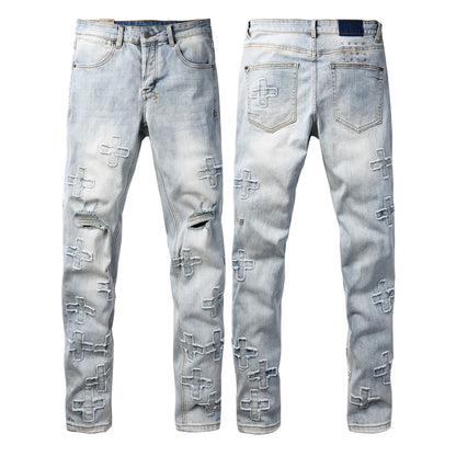 Men's Light Wash Distressed Jeans Cross Patch Denim Pants Slim Fit Streetwear Fashion 3069