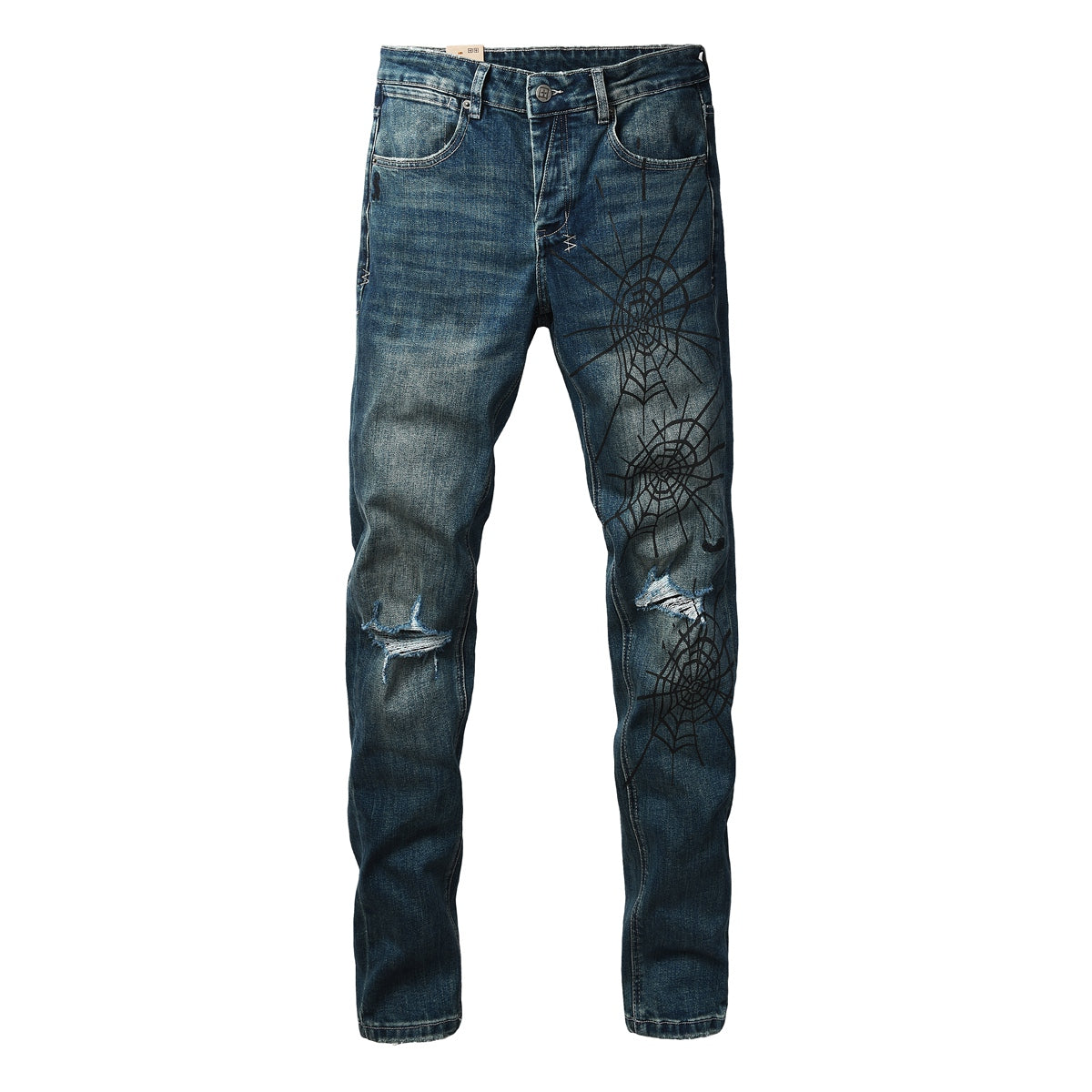 Dark Blue Distressed Spiderweb Graphic Slim Fit Denim Jeans 3070