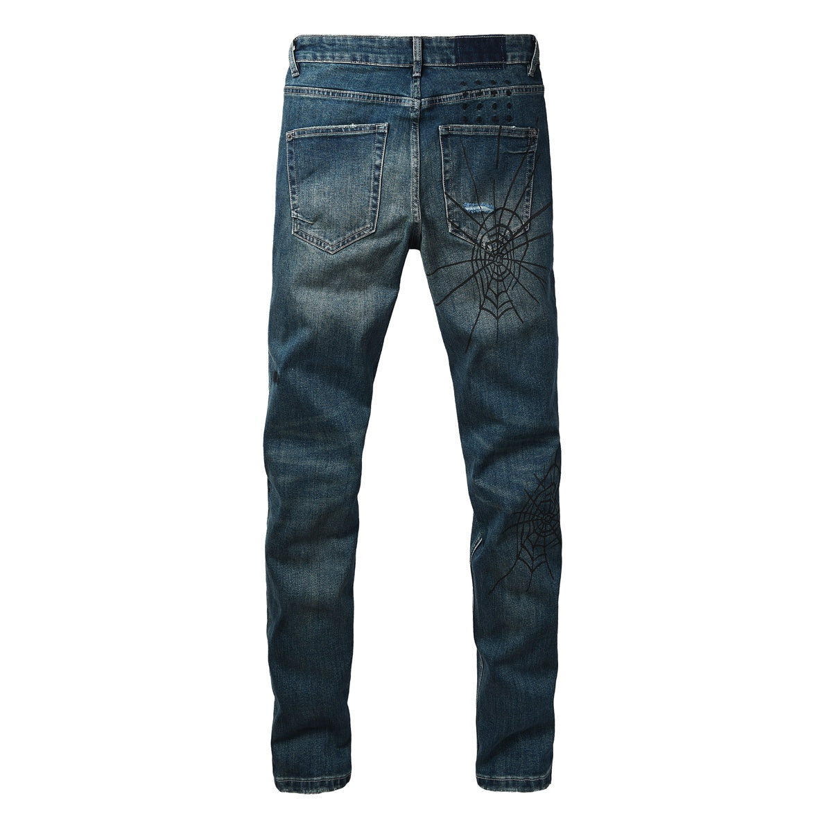 Dark Blue Distressed Spiderweb Graphic Slim Fit Denim Jeans 3070