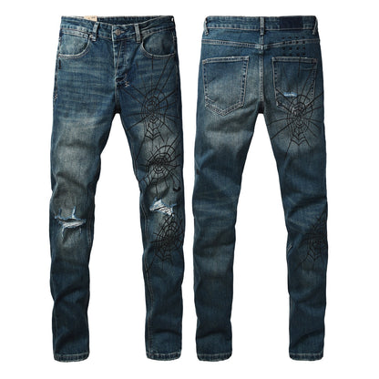 Dark Blue Distressed Spiderweb Graphic Slim Fit Denim Jeans 3070