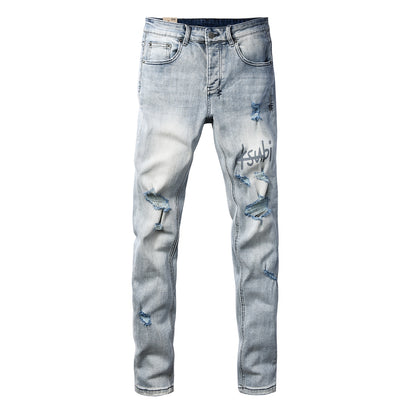Men's Light Wash Distressed Jeans Slim Fit Denim Pants with Graphic Print Streetwear Style 3071