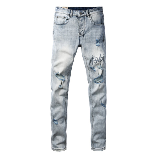 Men's Light Wash Distressed Jeans Slim Fit Denim Pants with Graphic Print Streetwear Style 3071