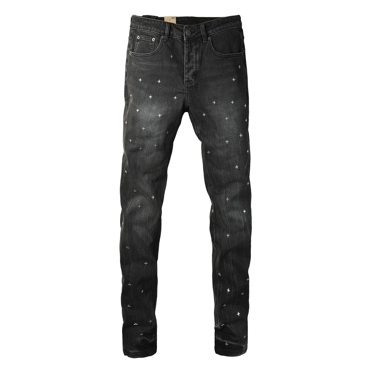 Washed Black Allover Cross Embroidered Slim Fit Denim Jeans 3073