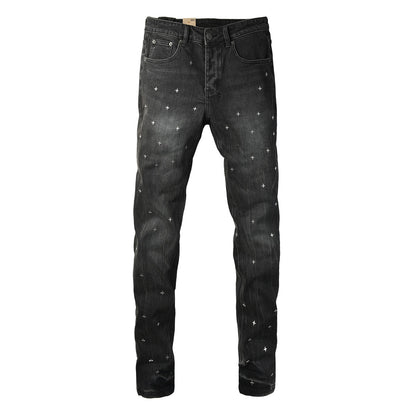 Washed Black Allover Cross Embroidered Slim Fit Denim Jeans 3073