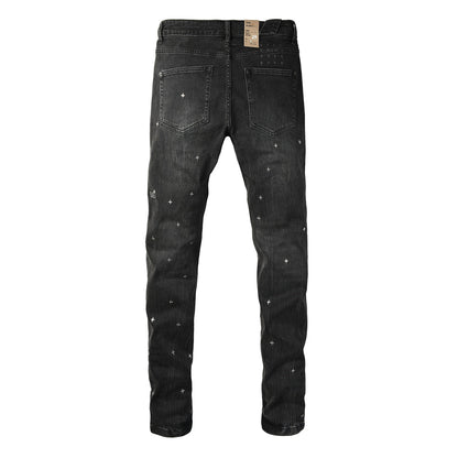 Washed Black Allover Cross Embroidered Slim Fit Denim Jeans 3073