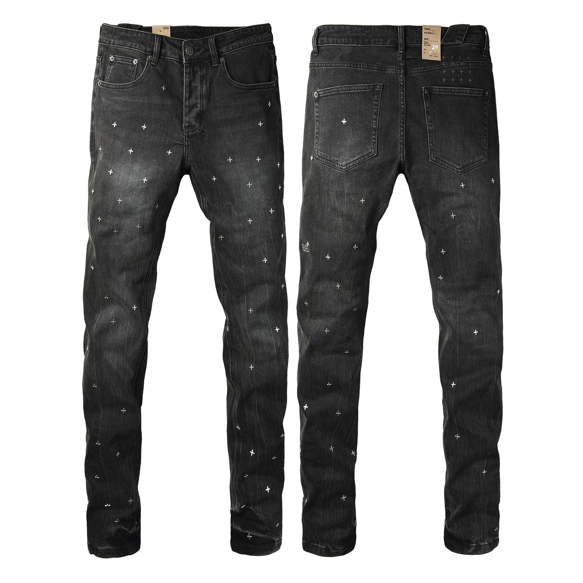 Washed Black Allover Cross Embroidered Slim Fit Denim Jeans 3073