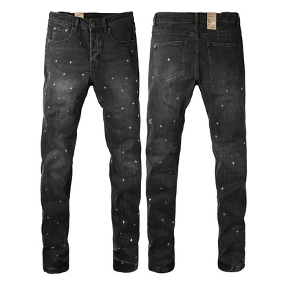 Washed Black Allover Cross Embroidered Slim Fit Denim Jeans 3073