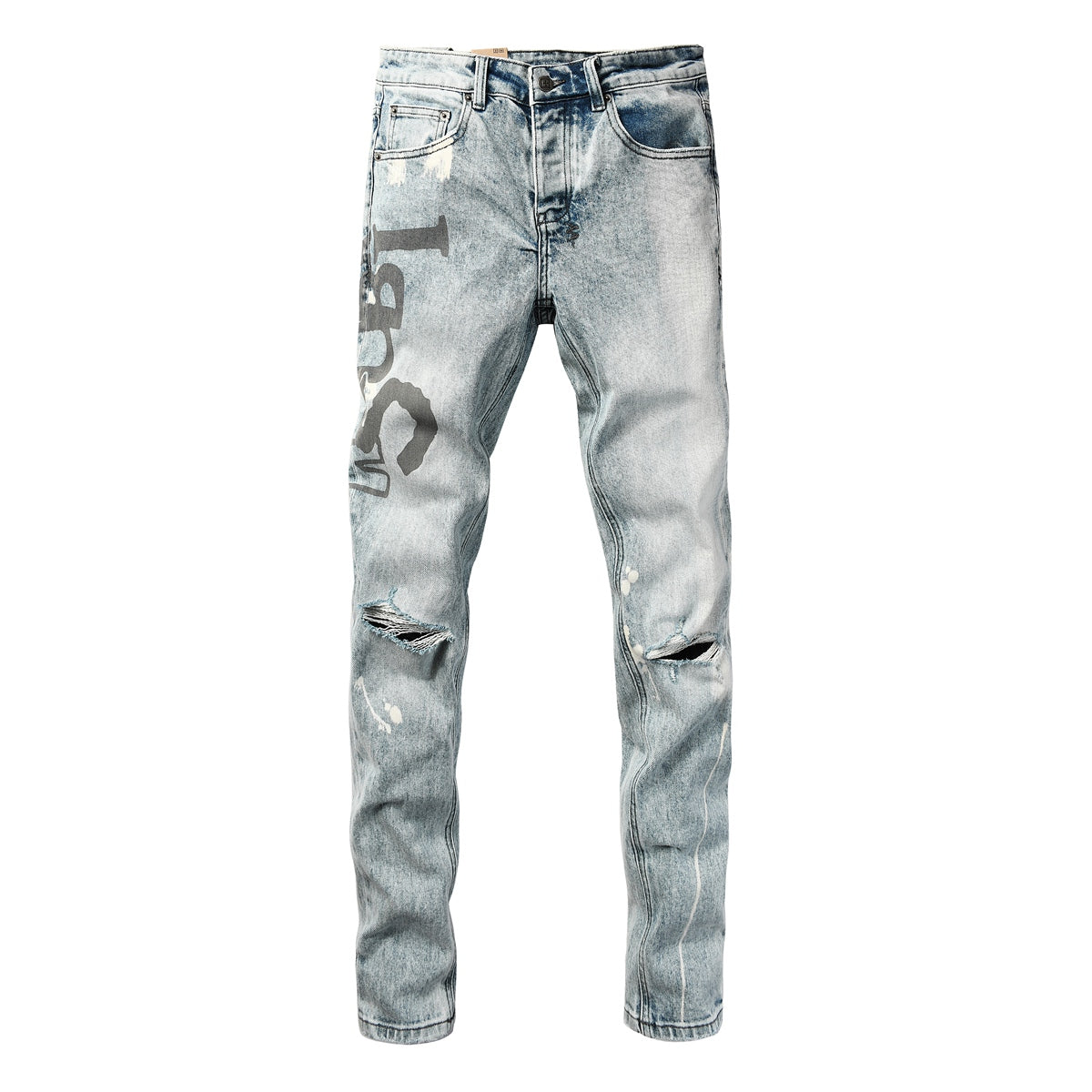Light Blue Acid Wash Distressed Logo Graphic Slim Fit Jeans 3074