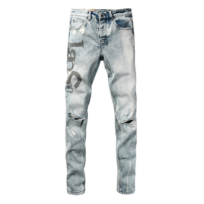 Light Blue Acid Wash Distressed Logo Graphic Slim Fit Jeans 3074