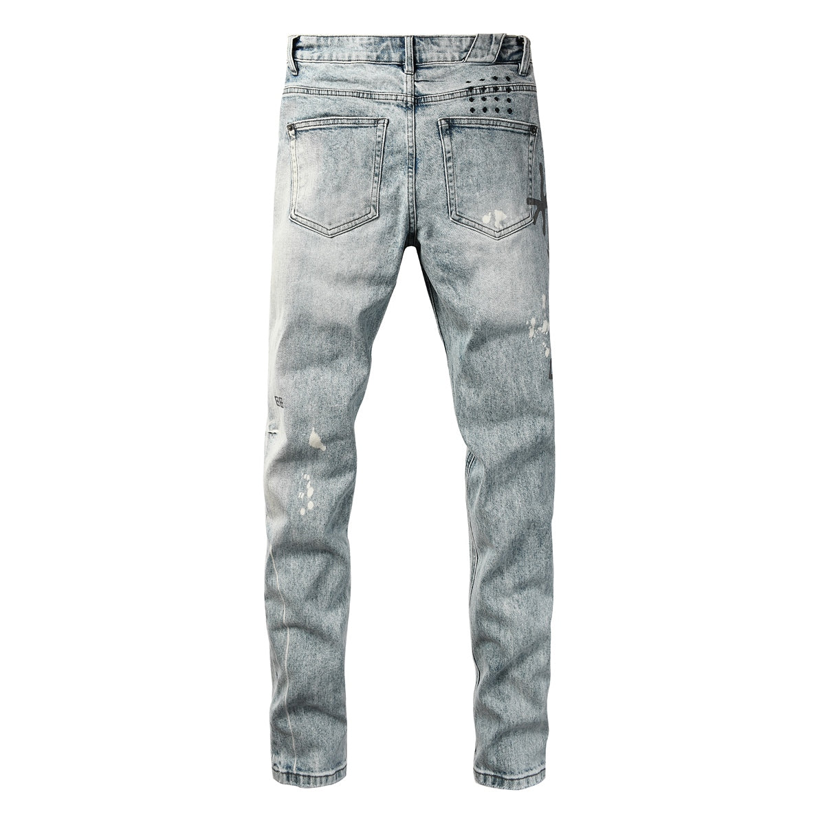 Light Blue Acid Wash Distressed Logo Graphic Slim Fit Jeans 3074