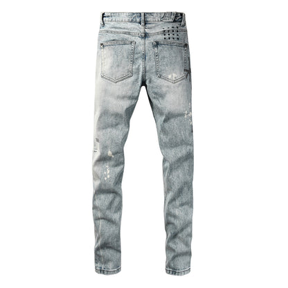 Light Blue Acid Wash Distressed Logo Graphic Slim Fit Jeans 3074