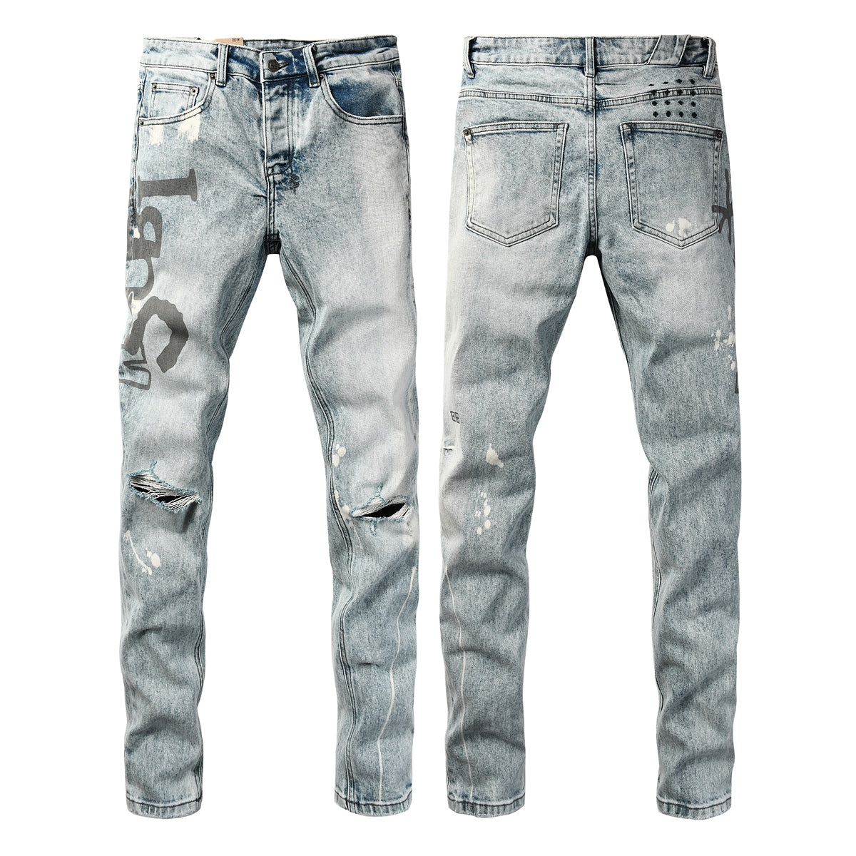 Light Blue Acid Wash Distressed Logo Graphic Slim Fit Jeans 3074
