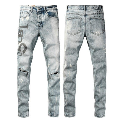 Light Blue Acid Wash Distressed Logo Graphic Slim Fit Jeans 3074