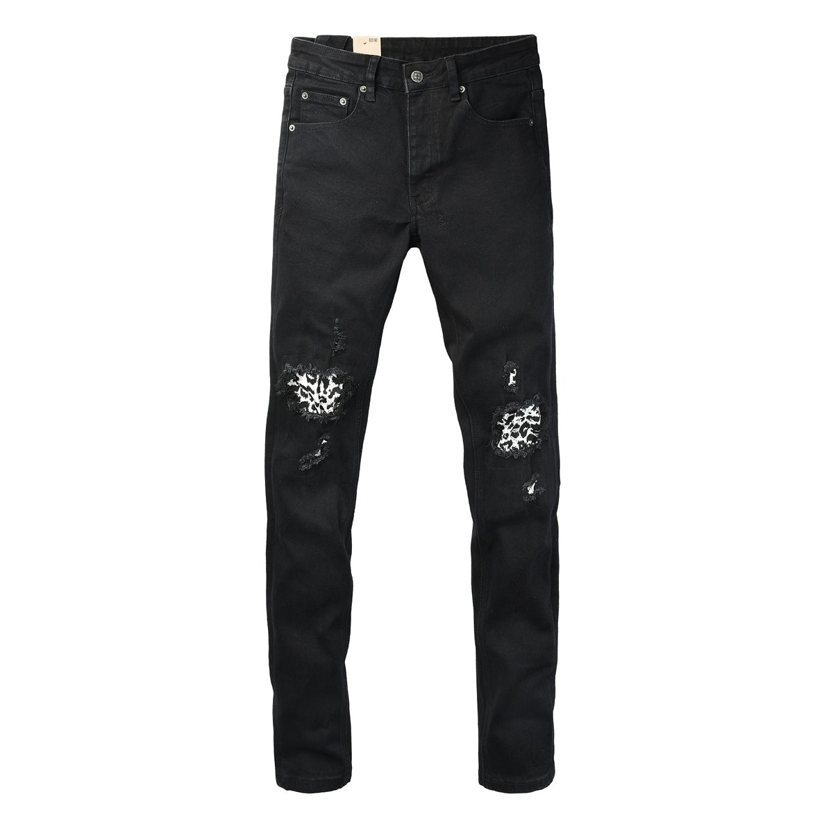Black Distressed Leopard Print Patch Slim Fit Denim Jeans 3076