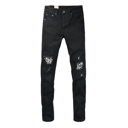 Black Distressed Leopard Print Patch Slim Fit Denim Jeans 3076