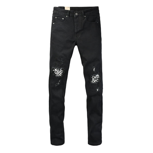 Black Distressed Leopard Print Patch Slim Fit Denim Jeans 3076